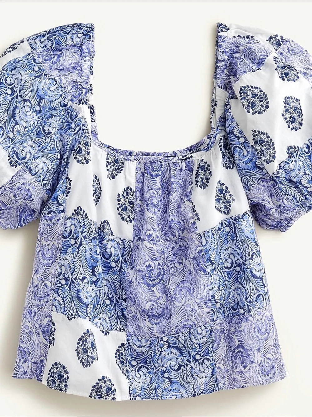J. Crew White and Blue Printed Puff-Sleeve Blouse
